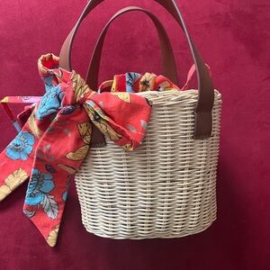 Chic Woven Basket Bag with Floral Scarf